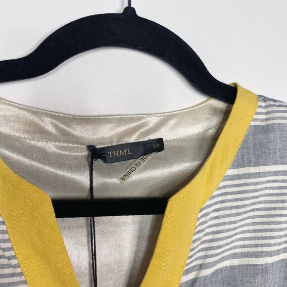 New THML XSmall XS Blue Yellow Striped Sleeveless Shift Dress Split VNeck Cotton - Picture 6 of 9